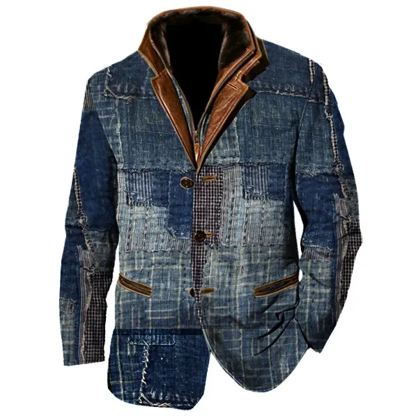 Patchwork Design Boro Print Men Vintage Fleece Blazer Double Layer Lapel Fur Leather Collar Medium Length Coats - Manlyhost.com 