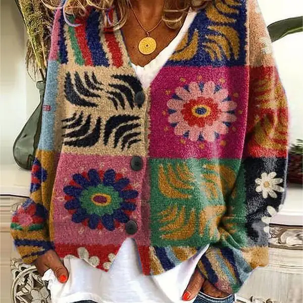 Women's Geometric Floral Color Print V-Neck Fleece Knitted Cardigan - Elementnice.com 