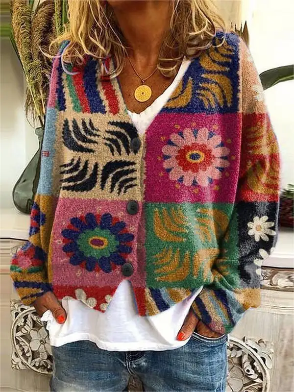 Women's Geometric Floral Color Print V-Neck Fleece Knitted Cardigan - Pragmaace.com 
