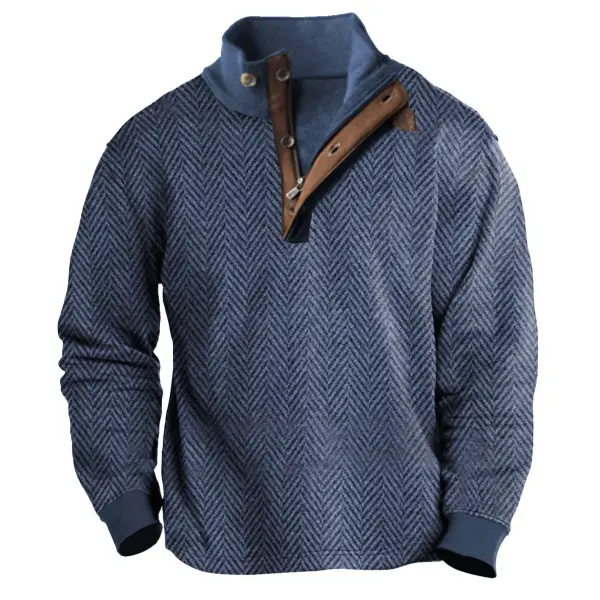 Men's Sweatshirt Vintage Herringbone Print Button Zip Stand Collar Contrast Color Daily Tops - Cotosen.com 
