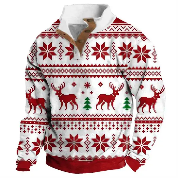 Men's Sweatshirt Christmas Deer Snowflake Buttons Stand Collar Daily Tops - Sunhopebloom.com 