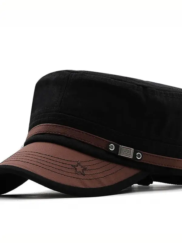 Men's Flat-top Leather Peaked Cap Military Cap Casual Sun Hat - Pragmaace.com 
