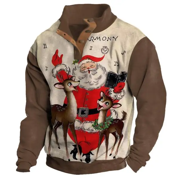 Men's Sweatshirt Santa Claus Deer Christmas Buttons Stand Collar Daily Tops - Sunhopebloom.com 