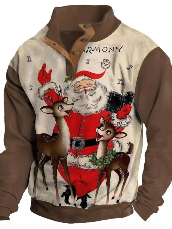 Men's Sweatshirt Santa Claus Deer Christmas Buttons Stand Collar Daily Tops - Businesuniontrade.com 