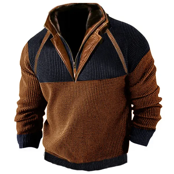 Men's Outdoor Casual Zip Polo Sweater Sweatshirt Double Layer Stand Collar Long Sleeve Vintage Contrast Tactical Thic - Cotosen.com 