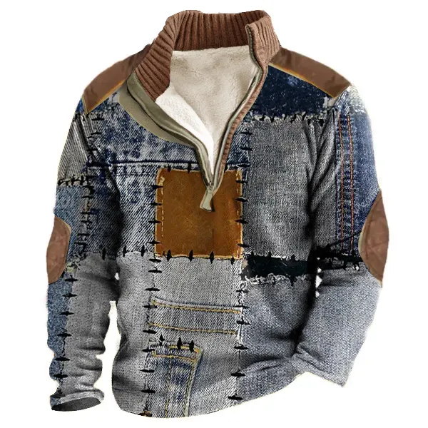 Boro Patchwork Print Designer Retro Men's Outdoor Casual 1/4 Henly Zip Fleece Sweatshirt Tand Collar Thick Top - Elementnice.com 
