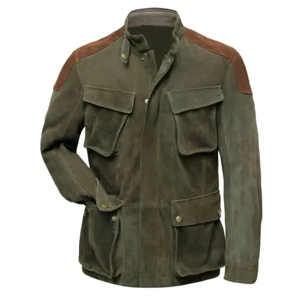 Men's Jacket Vintage Suede Multiple Pockets Contrast Color Outdoor Coat - Spiretime.com 