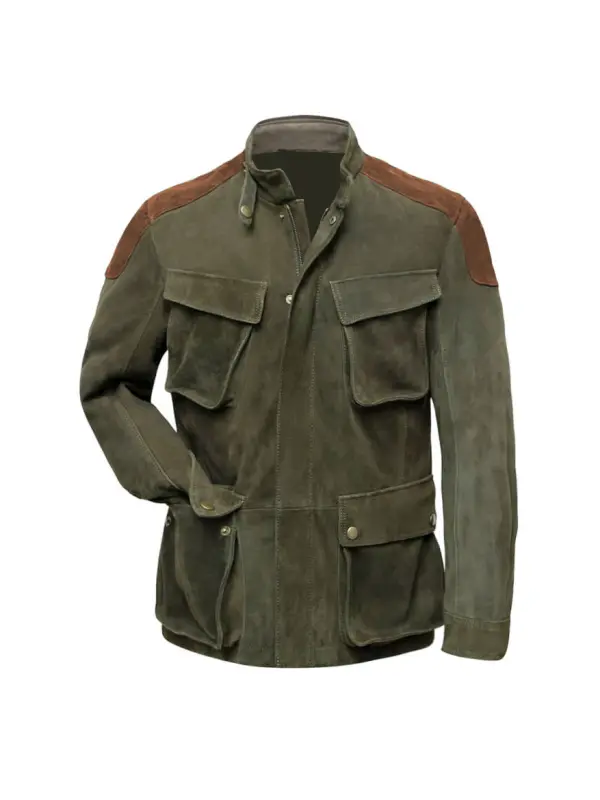 Men's Jacket Vintage Suede Multiple Pockets Contrast Color Outdoor Coat - Ootdmw.com 
