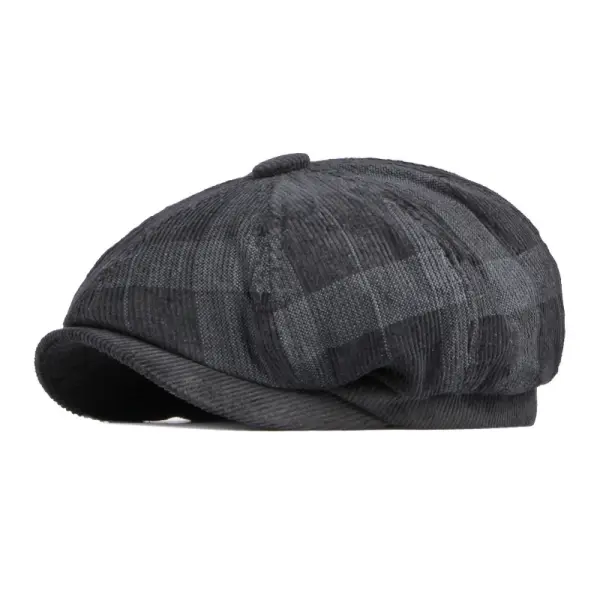 British Retro 1920s Octagonal Hat Plaid Corduroy Beret - Elementnice.com 