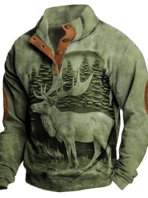 Men's Retro Outdoor 3D Engraved Deer Hunting Print Henley Sweatshirt - Businesuniontrade.com 