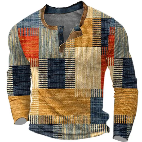 Men's Henley T-Shirt Vintage 3D Print Color Block Festival Holiday Outdoor Long Sleeve Top - Elementnice.com 