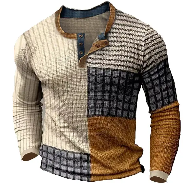 Men's Henley T-Shirt Vintage 3D Print Color Block Festival Holiday Plaid Striped Outdoor Long Sleeve Top - Nicheten.com 