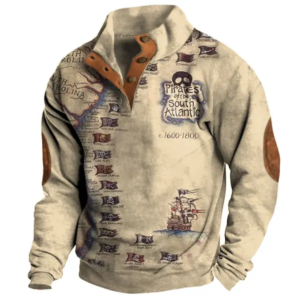 Men's Half Open Collar Sweatshirt Vintage Nautical Adventure Print Color Block - Anurvogel.com 