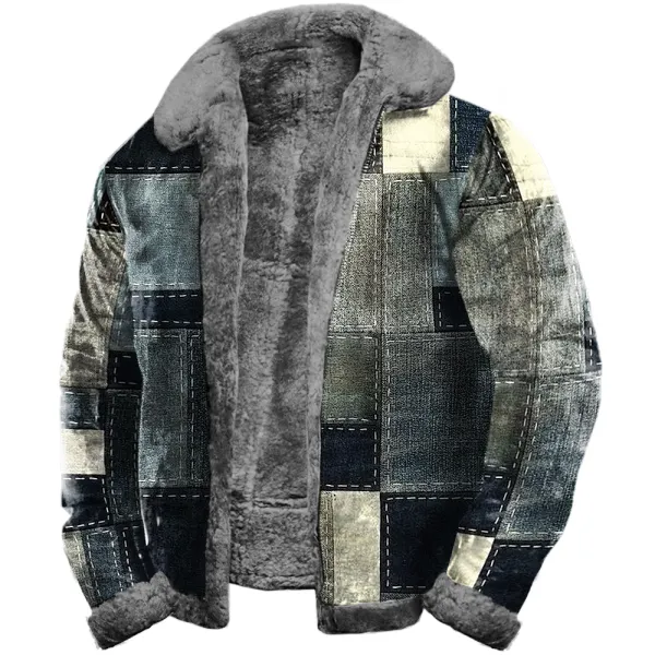 Men's Retro Denim Print Zip Fleece Lapel Coat Jacket - Sunhopebloom.com 