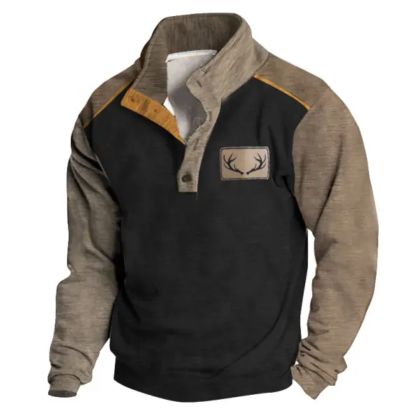 Men's Sweatshirt Vintage Yellowstone Western Antler Hunting Stand Collar Buttons Colorblock Daily Tops - Manlyhost.com 