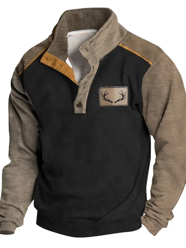 Men's Sweatshirt Vintage Yellowstone Western Antler Hunting Stand Collar Buttons Colorblock Daily Tops - Menwyx.com 