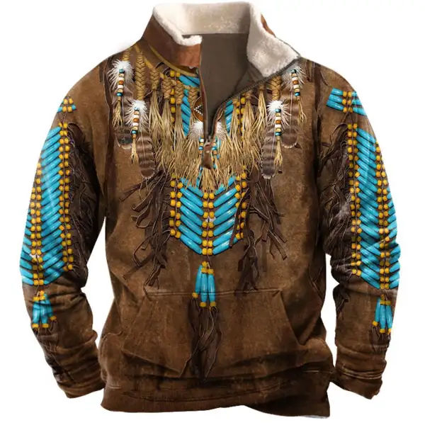 Men's Sweatshirt American Indian Plush Collar Quarter Zip Vintage Daily Tops - Sunhopebloom.com 