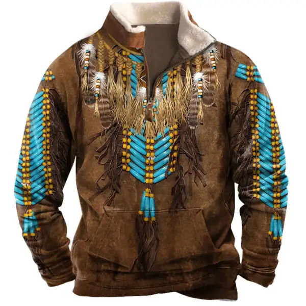 Men's Sweatshirt American Indian Plush Collar Quarter Zip Vintage Daily Tops Only $35.89 - Wayrates.com 