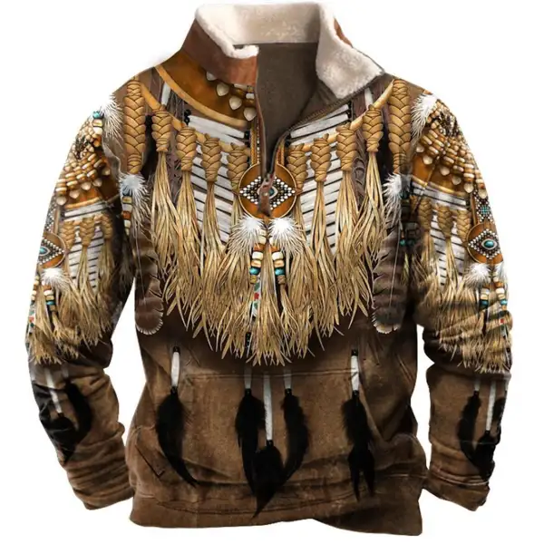 Men's Sweatshirt American Indian Plush Collar Quarter Zip Vintage Daily Tops Only $35.89 - Wayrates.com 