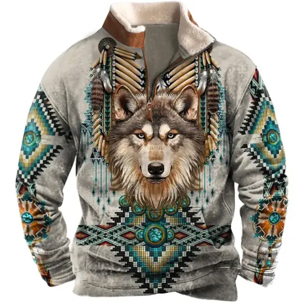 Men's Sweatshirt American Indian Wolf Plush Collar Quarter Zip Vintage Daily Tops Only BRL189,89 - Wayrates.com 