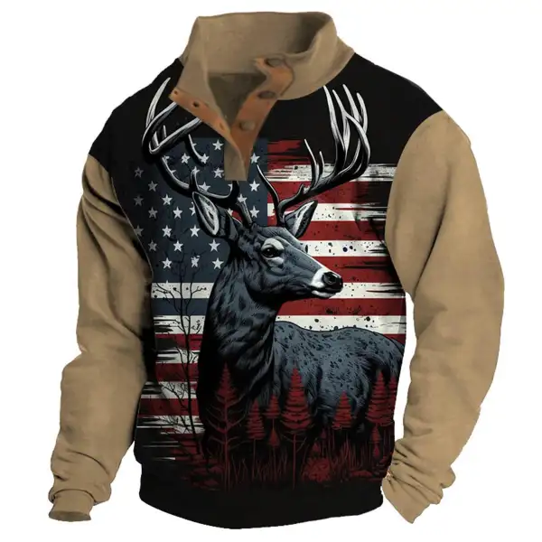 Men's Sweatshirt Hunting Deer USA Flag Buttons Stand Collar Daily Tops Only $31.89 - Wayrates.com 