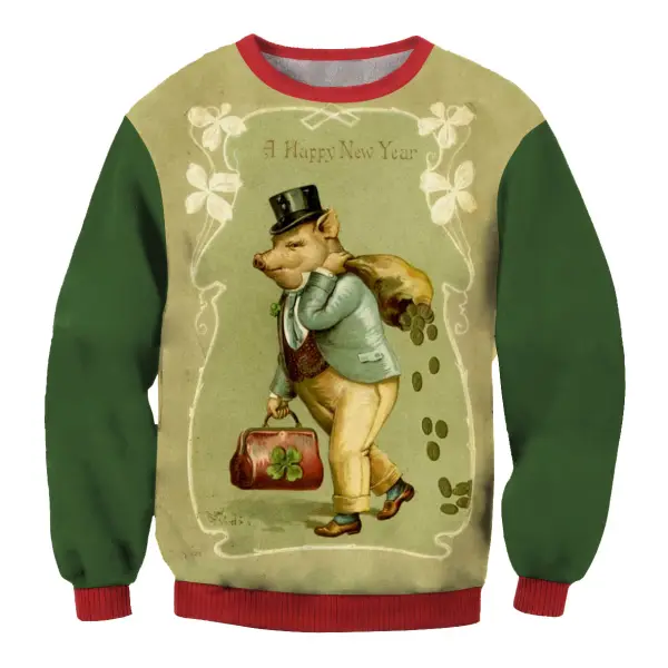 Men's Neujahr Silvester Pig Clover Print Round Neck Sweatshirt Only $29.89 - Wayrates.com 