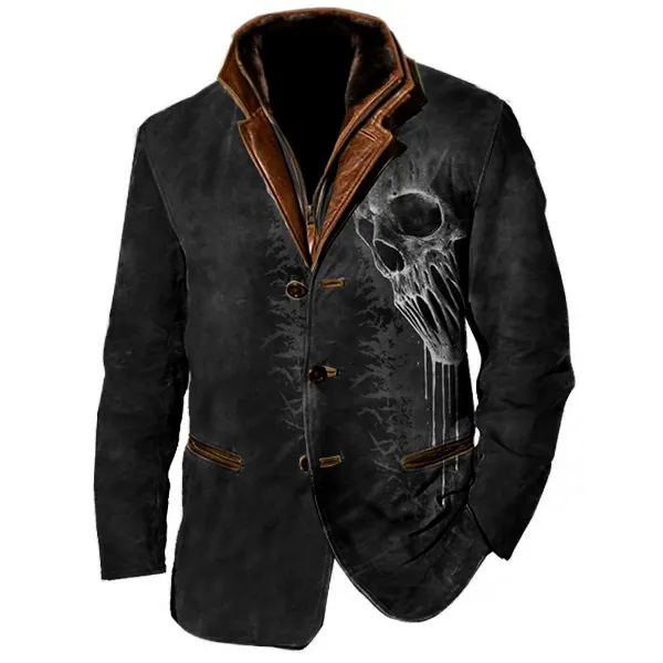 Art Skull Print Men Vintage Fleece Blazer Double Layer Lapel Fur Leather Collar Medium Length Coats - Cotosen.com