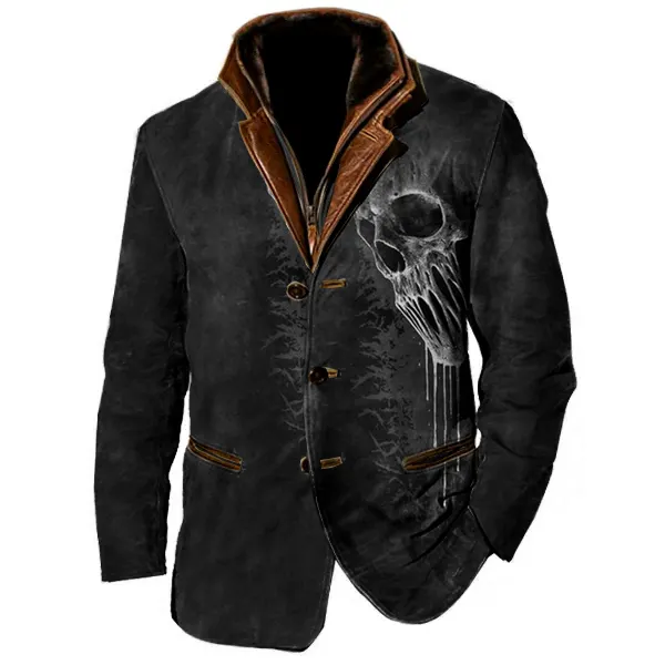Art Skull Print Men Vintage Fleece Blazer Double Layer Lapel Fur Leather Collar Medium Length Coats - Elementnice.com 
