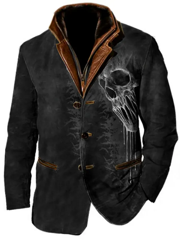 Art Skull Print Men Vintage Fleece Blazer Double Layer Lapel Fur Leather Collar Medium Length Coats - Pragmaace.com 