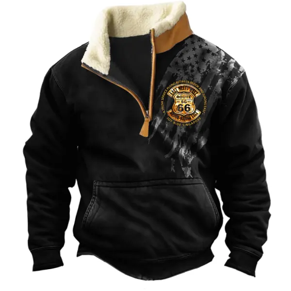 Men's Retro 1/4 Zip Fleece Collar Route 66 Flag Print Festival Sweatshirt - Manlyhost.com 