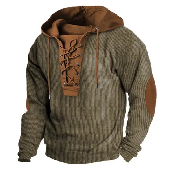 Men's Hoodie Lace-Up Vintage Corduroy Color Block Elbow Patches Long Sleeve Outdoor Daily Tops - Menzfolk.com 