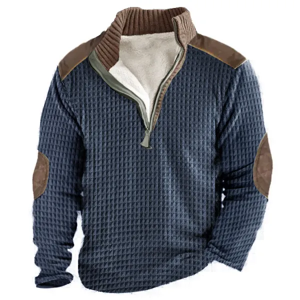 Men's Thick Fleece Elbow Patche Waffle 1/4 Zip Sweatshirt Casual Outdoor Stand Collar Tactical Top - Elementnice.com 