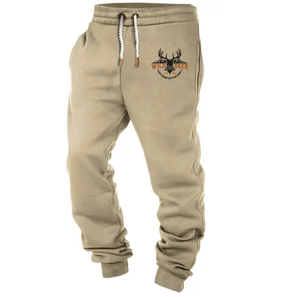 Men's Retro Elk Print Pocket Casual Sports Elastic Waist Pants - Burstarsunshine.com 