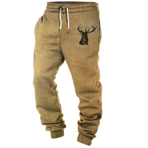 Men's Retro Elk Print Pocket Casual Sports Elastic Waist Pants - Dozenlive.com 