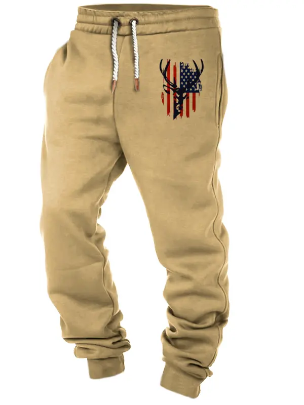 Men's Vintage American Elk Print Pocket Casual Sports Elastic Waist Pants - Businesuniontrade.com 