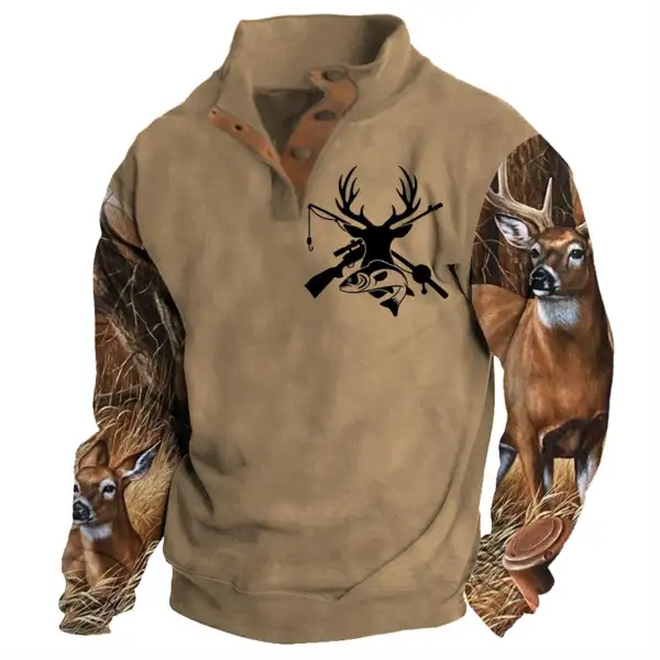 Men's Sweatshirt Hunting Deer Fishing Buttons Stand Collar Color Block Daily Tops - Sunhopebloom.com 