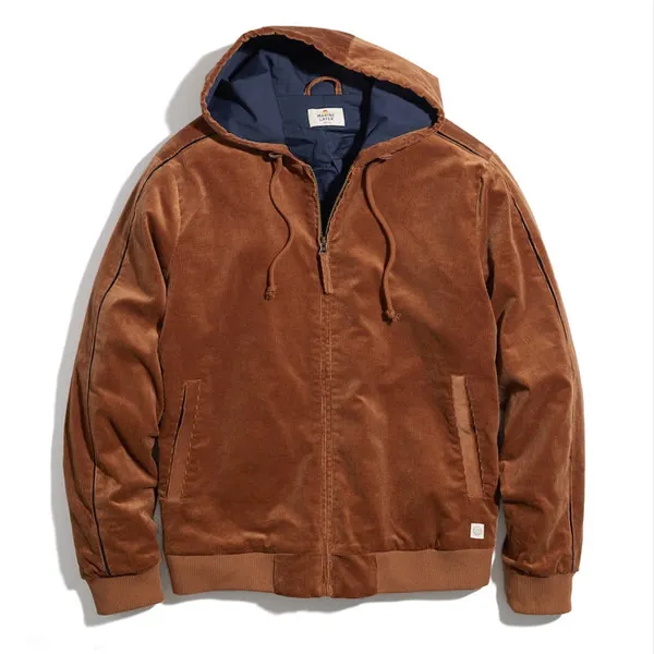 Men Hooded Cord Corduroy Jacket Outdoor Thick Drawstring Lined Contrast Coats - Sunhopebloom.com 