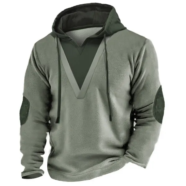 Elbow Patches Men's V Neck Thick Hoodie Sweatshirt Outdoor Color Block Tactical Woolen Pullover Only $40.89 - Wayrates.com 