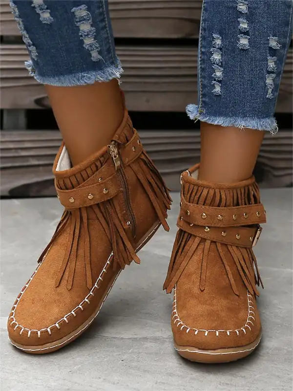 Women's Casual Tassel Boots Flat Buckle Martin Boots Retro Knight Boots - Pragmaace.com 