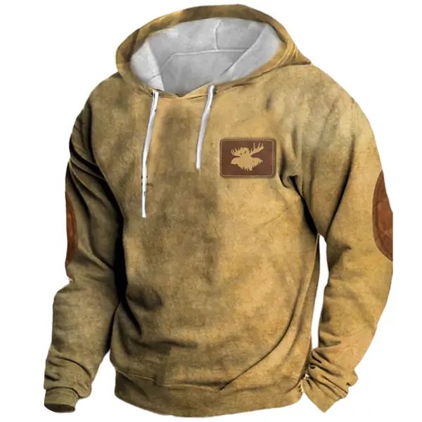 Men's Vintage Western Elk Print Hooded Pocket Casual Sweatshirt - Sunhopebloom.com 