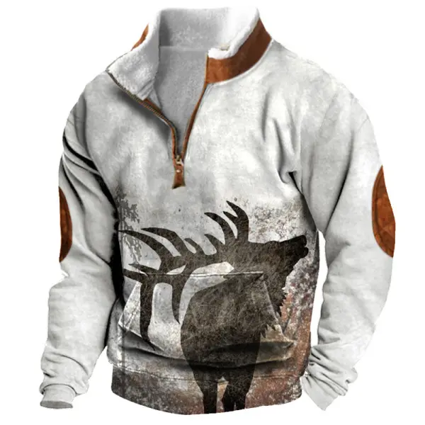 Men's Colorblock Fleece Half-Open Collar Sweatshirt Retro Jungle Elk Print Only $35.89 - Wayrates.com 