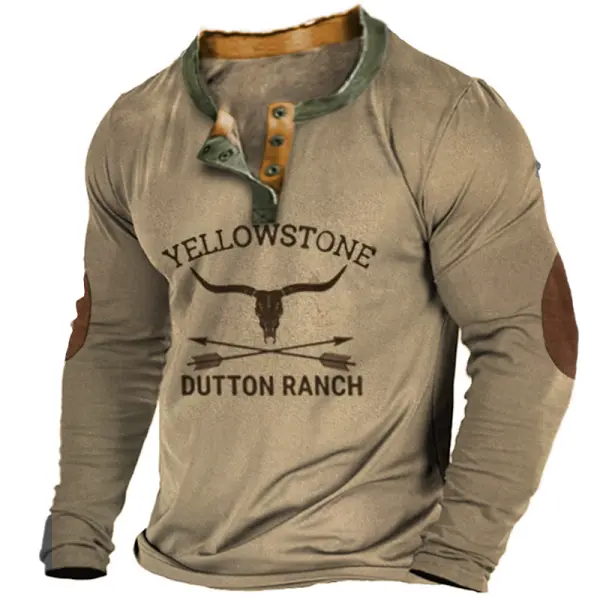 Men's Vintage Yellowstone Print Henley Color Block Casual Long Sleeve T-Shirt Only $28.89 - Wayrates.com 