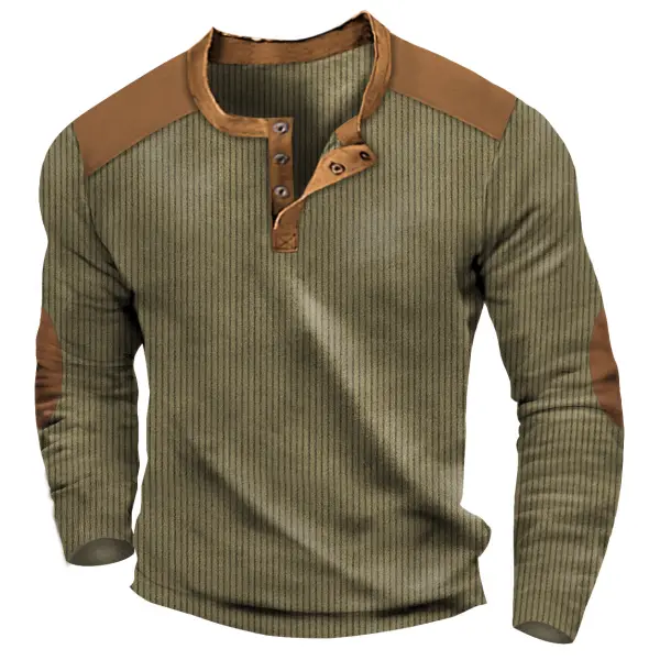 Men's Henley T-Shirt Vintage Corduroy Elbow Patch Outdoor Long Sleeve Tops - Elementnice.com 
