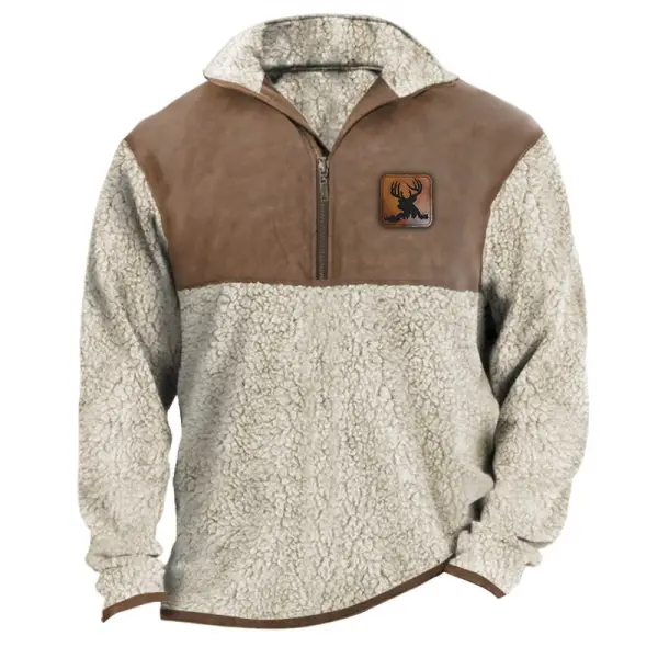 Men's Sweatshirt Vintage Elk Fleece Patchwork Leather Half Zip Stand Collar Warm Daily Tops Only $36.89 - Wayrates.com 