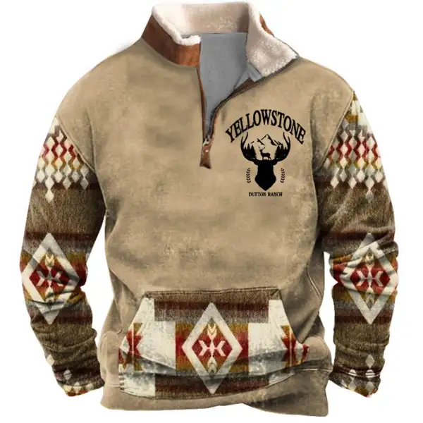 Men's Sweatshirt Yellowstone Button Ranch Aztec Quarter Zip Plush Collar Vintage Daily Tops Only $35.89 - Wayrates.com 