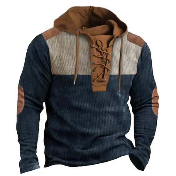 Men's Corduroy Sweatshirt Drawstring Hooded Blue Color Block Elbow Patches Sports Outdoor Daily Holiday Casual Pullover - Elementnice.com 