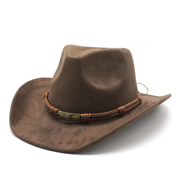 Men Women's Retro Yellowstone Suede Warped Western Cowboy Hat Rolled Brim Ethnic Style Felt Hat - Elementnice.com 