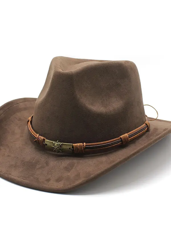 Men Women's Retro Yellowstone Suede Warped Western Cowboy Hat Rolled Brim Ethnic Style Felt Hat - Menbarn.com 