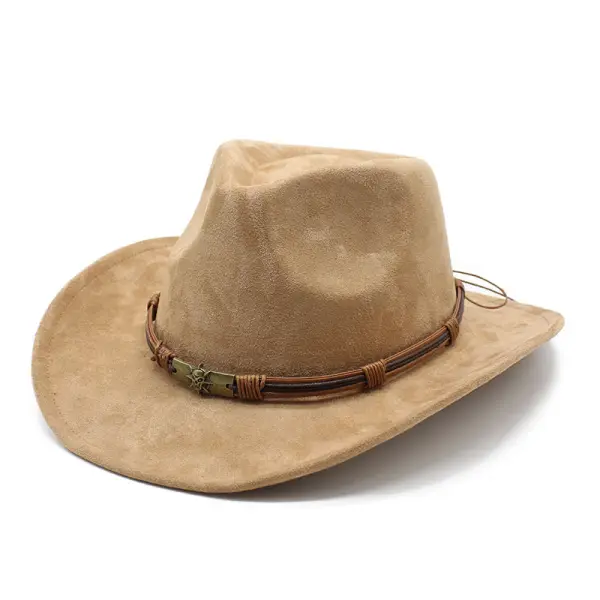 Men Women's Retro Yellowstone Suede Warped Western Cowboy Hat Rolled Brim Ethnic Style Felt Hat - Dozenlive.com 