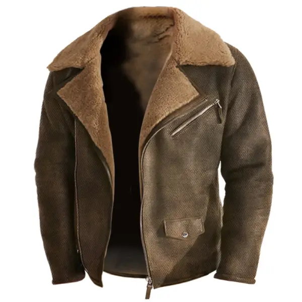 Men's Retro Workwear Motorcycle Jacket Fleece Outdoor Casual Outerwear - Sunhopebloom.com 